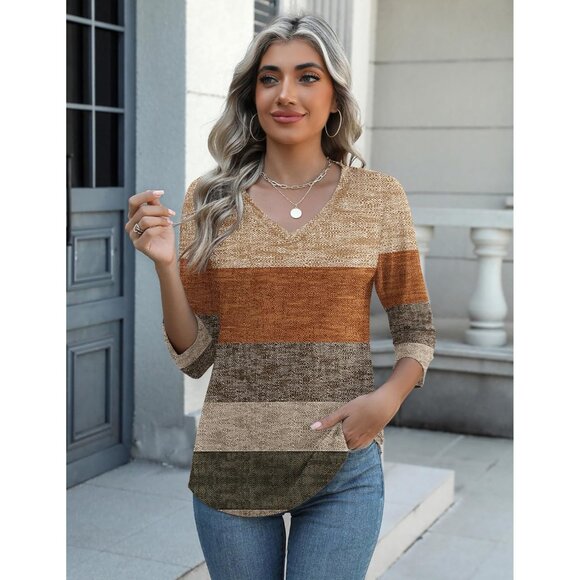 Womens 3/4 Sleeve V Neck Tunic Top Casual Blouse Summer Fall Basic Tee - Picture 5 of 6